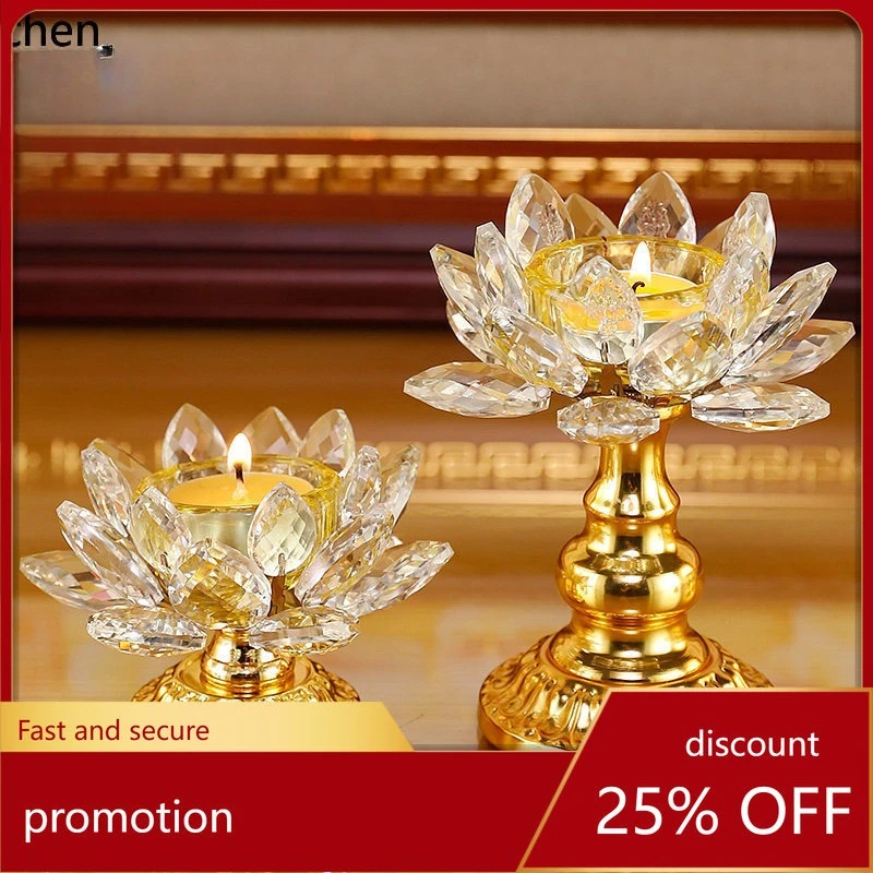 Cz lotus candle holder for buddha, crystal glass home butter lamp, crystal candlestick, perpetual light base for buddha altar