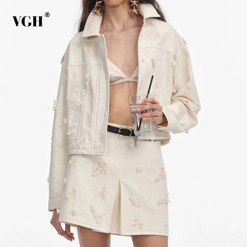 

VGH Solid Loose Designer Two Piece Sets For Women Lapel Long Sleeve Short Top High Waist Mini Skirt Casual Set Female Fashion
