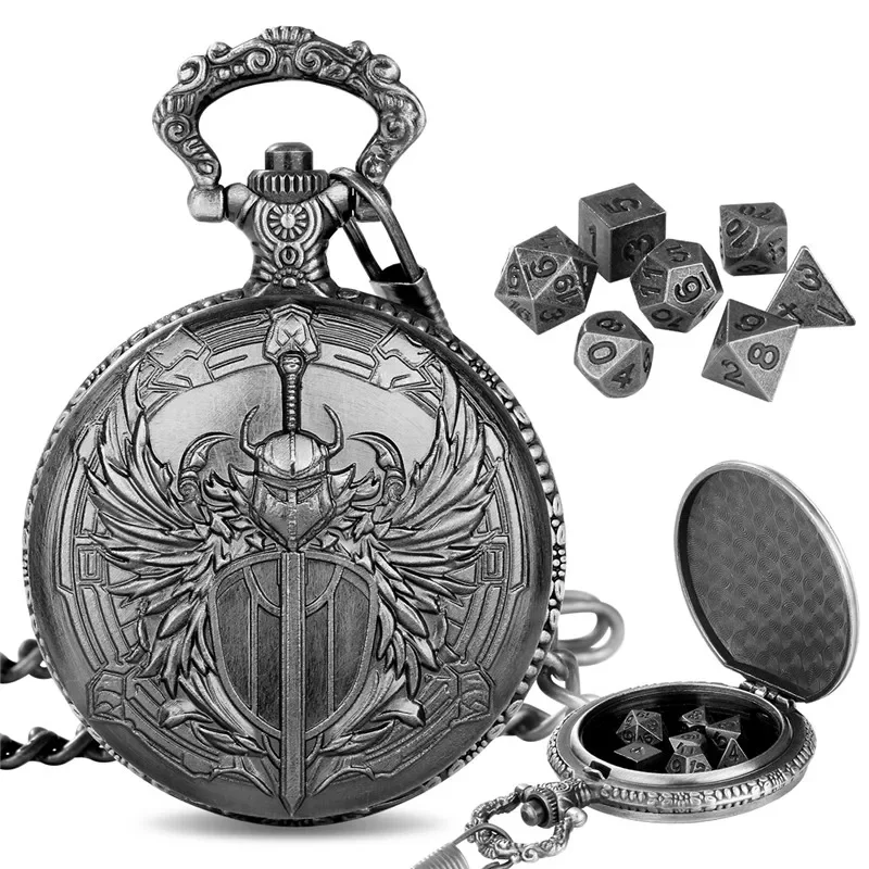 

Bronze Carved Paladin Pocket Watch Case Fob Chain 7pcs Tiny Metal Polyhedral Dice Set for Entertainment Role Play Gaming Dices