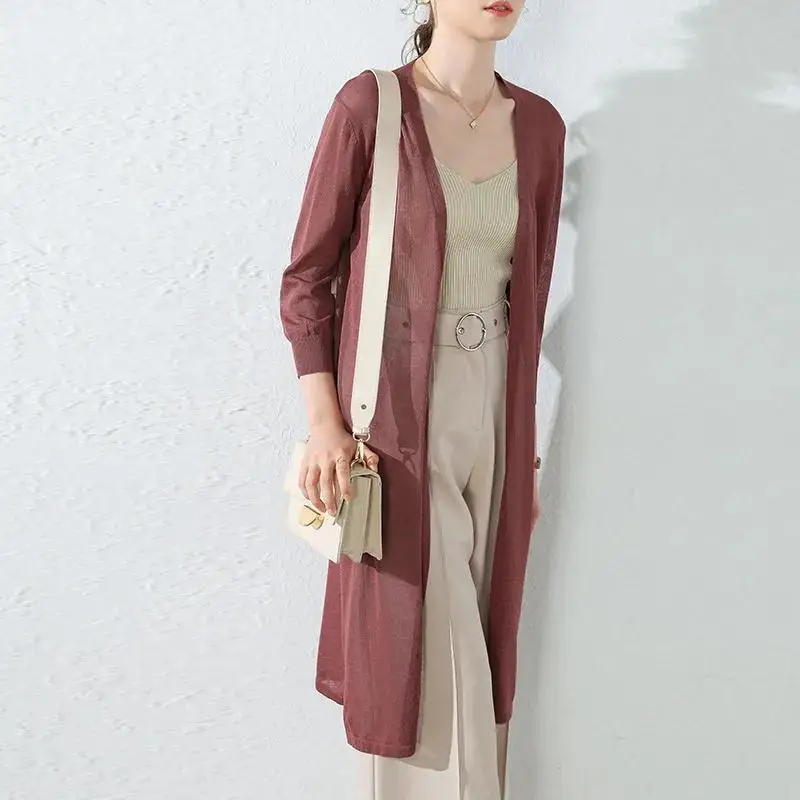 New Mid-length Knitted Cardigan Sunscreen Clothes for Women 7-quarter Sleeve Hollow Loose Air Conditioning Shirt Jacket