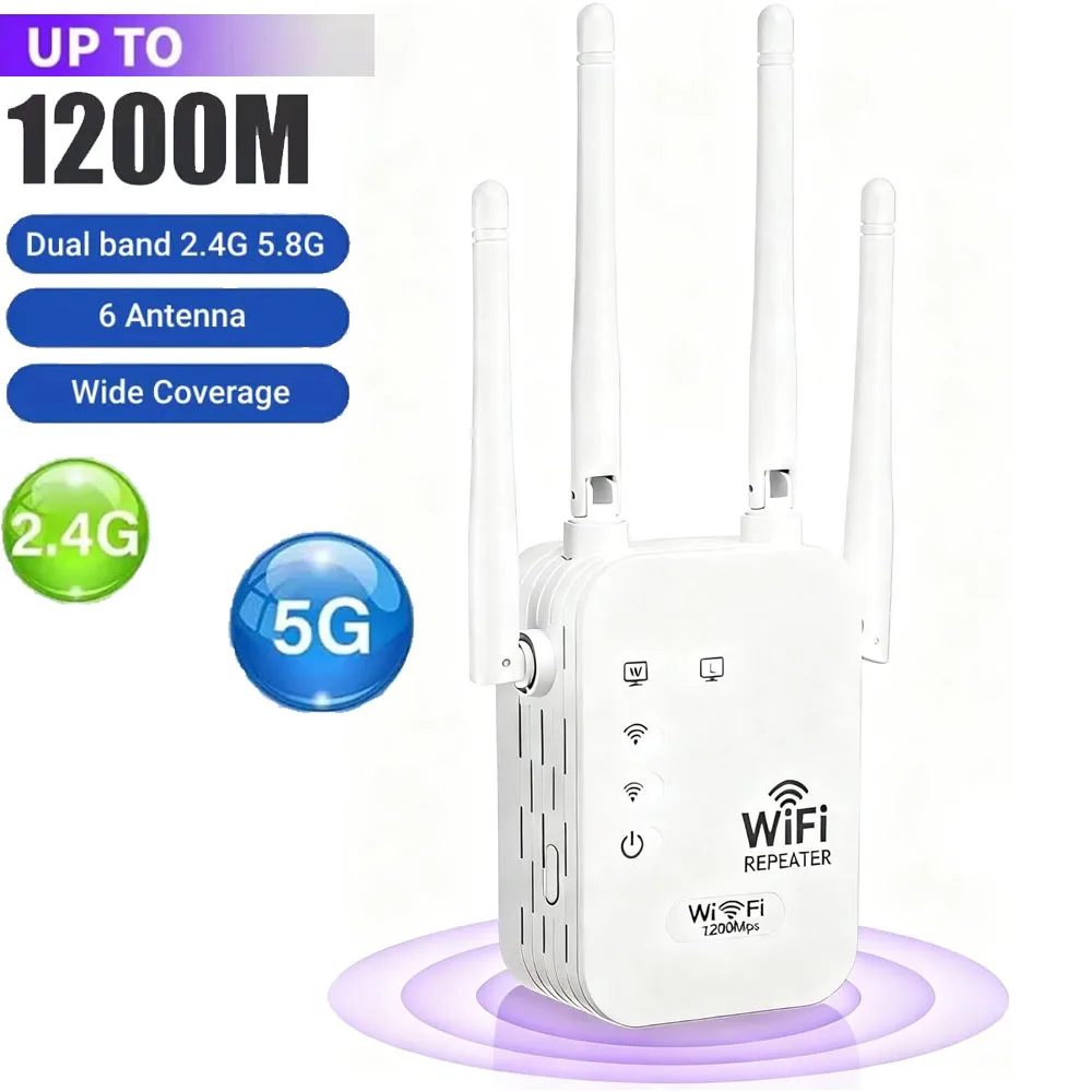 Neuer, verbesserter 1200-Mbit/s-WLAN-Repeater, Signalverstärker, 5-GHz-/2,4-GHz-Dualband, 802.11N, WLAN-Verstärker mit großer Reichweite für den Heimgebrauch, mit Ethernet-Anschluss.