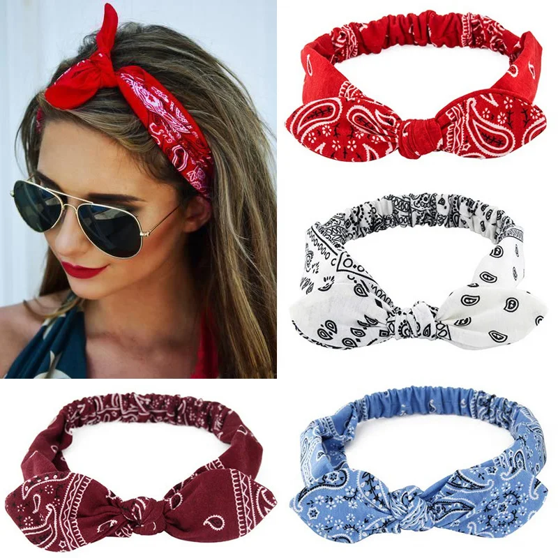 Boho Bow Headbands for Women Vintage Paisley Bandana Flower Printed Hairband Elastic Rabbit ear Head Wrap Cute Hair Accessories