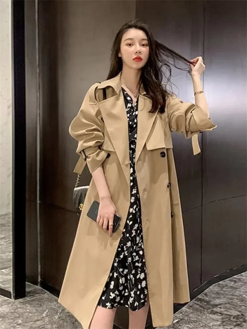 2025 Autumn Jacket Trench Coat Women Clothes Solid Lapels Double Row Buttons Long Windbreaker Ladies Work Tops Female Outerwear