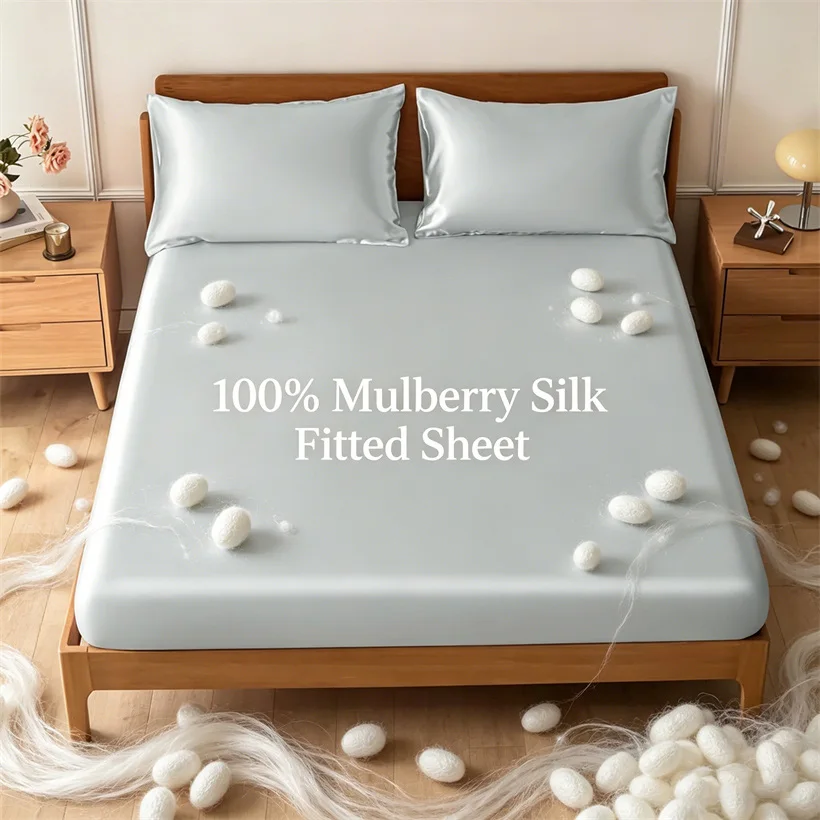 Long Strand Mulberry Silk Fitted Sheet 22 Momme Solid Color Luxury Elastic Bed Sheet Smooth Soft Mattress Cover for All Size Bed