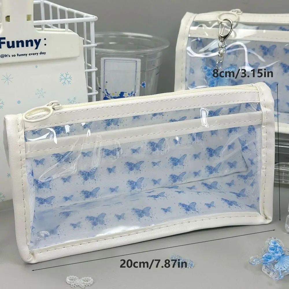 High Quality Floral Print Pen Bag Double Layer Transparent Stationery Bag Large Capacity Pencil Case Students