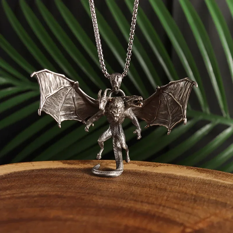 Three-Headed Bat Demon Wings Pendant Sheep Head Snake Head Devil Necklace Men\\\\'s Gothic Punk Locomotive Rock Jewelry