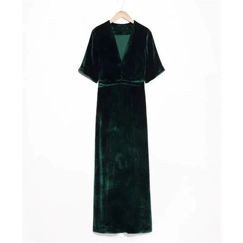 Fashion Spring Long Maxi Velour Dress Autumn Velvet Deep V-neck Party Dress Office Female long velvet Prom dresses Vestidos