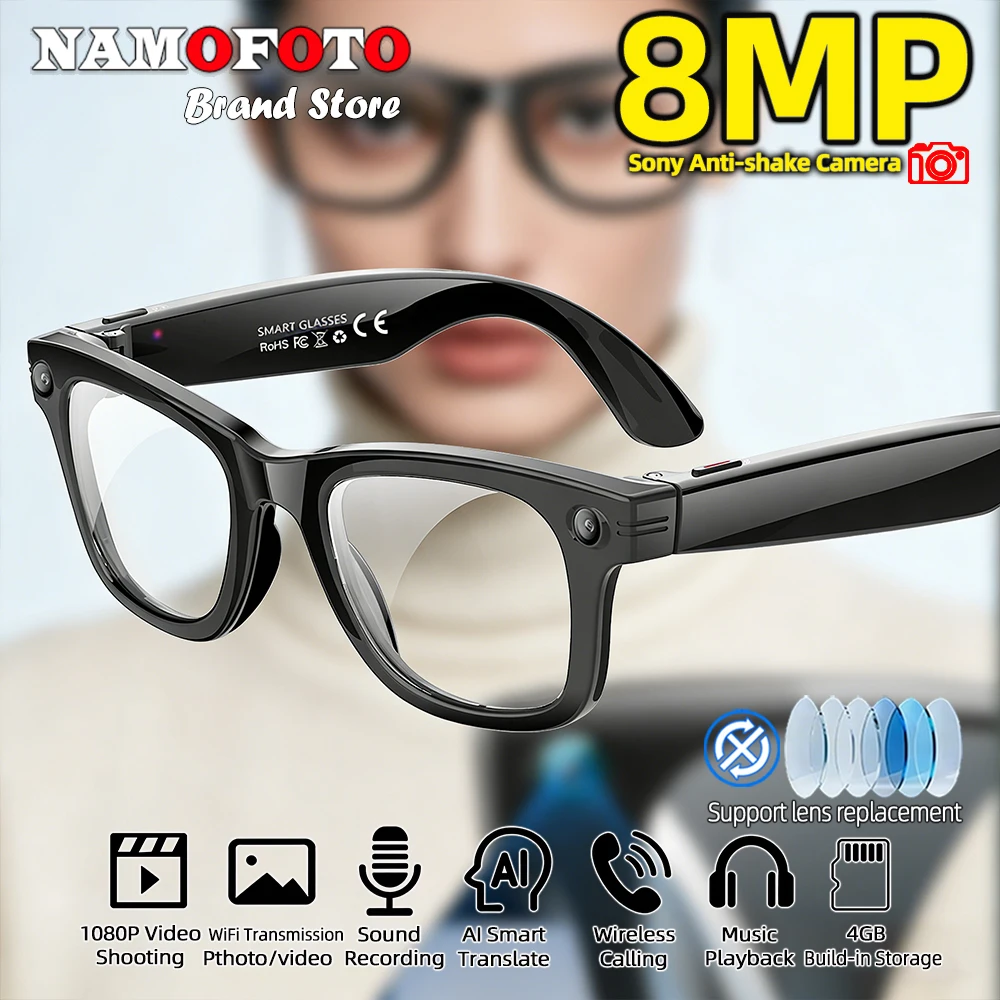 

2026 New AI Smart Glasses with 8MP Camera 1080P Video Record 4GB Men Women SI Real-time Translation BT Call Music Play Lenses