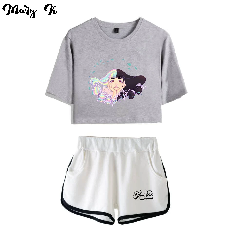 Fashion Youthful Print Melanie Martinez K-12 Short Sleeve Sexy Shorts+lovely T-shirts Dew navel Girl suits Two Piece Set