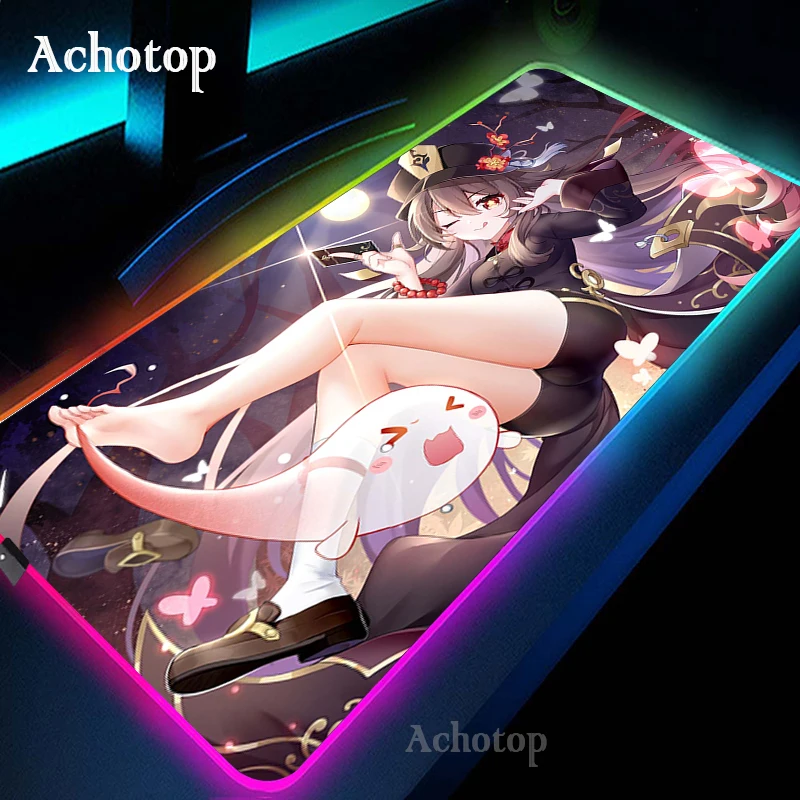 HU TAO Genshin Auswirkungen 80x30cm Computer Gaming Mouse Pad RGB PC Laptop Gamer Mauspad Anime Antislip Große LED Teppich Matte Backlit