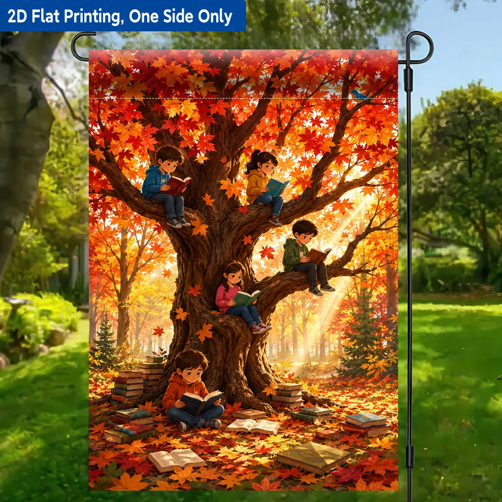 2D Flat Print Garden Flag 1 Pack, Autumn Reading Under The Tree Polyester Garden Flag, Single-sided Printing, Outdoor Holiday Decoration, Suitable for Home and Yard, 11.8 X 17.7 Inches, Without Flagpole