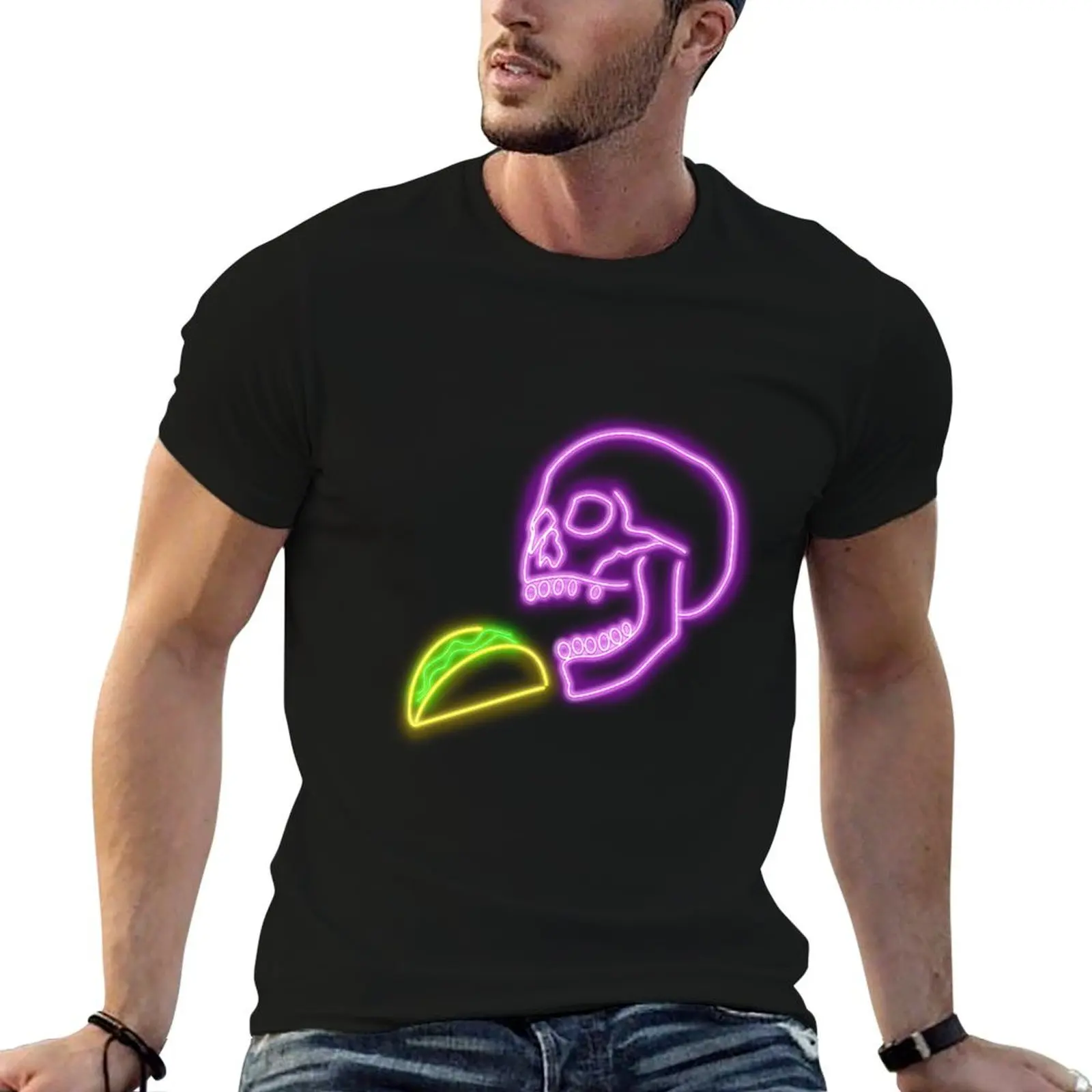 Neon Skull eating a Taco - DibsOnTacos T-Shirt man t shirt luxury men t shirt cotton 100% cotton t shirts man 100% T-shirt