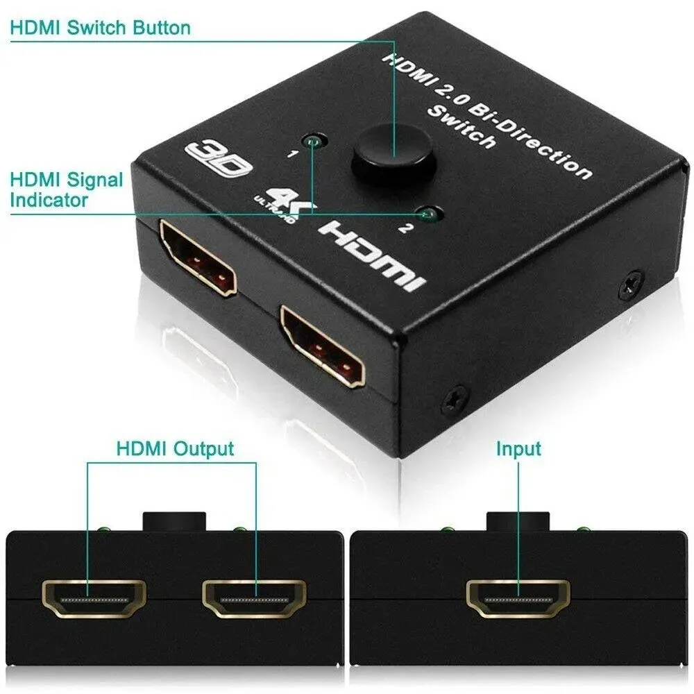 HDMI-compatible Switch Bi-Direction 2 Ports HDTV Splitter Switch for Laptop PC Xbox PS3/4 TV Box to Monitor TV Projector Adapter