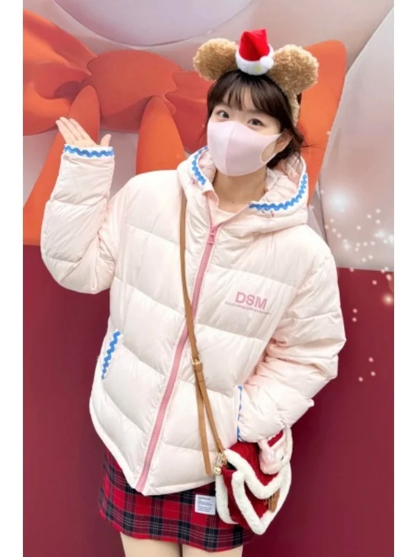 

Winter Thiened Hooded Pink Cotton Jaet Women's Loose Bread Sle Coat Aosphere Girl Feeling Long Sve Zipper Closure