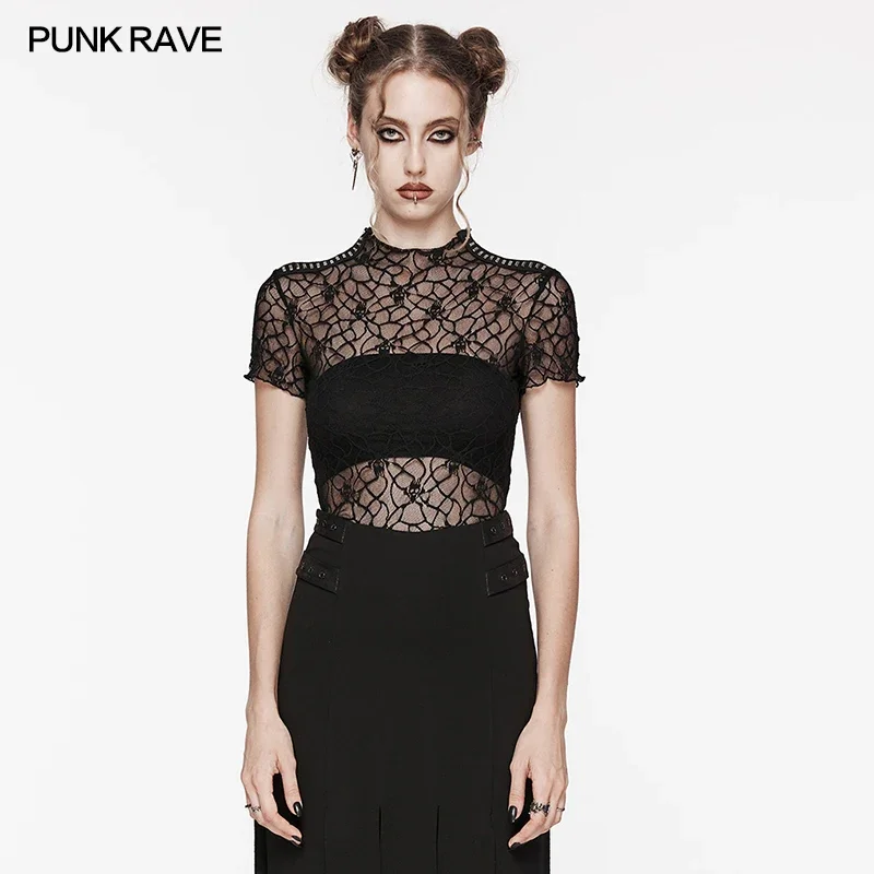 

PUNK RAVE Women's Punk Daily Skull Mesh Short Sleeve Sexy T-shirt Gothic Black Hollow Out Tops Women Clothes Summer