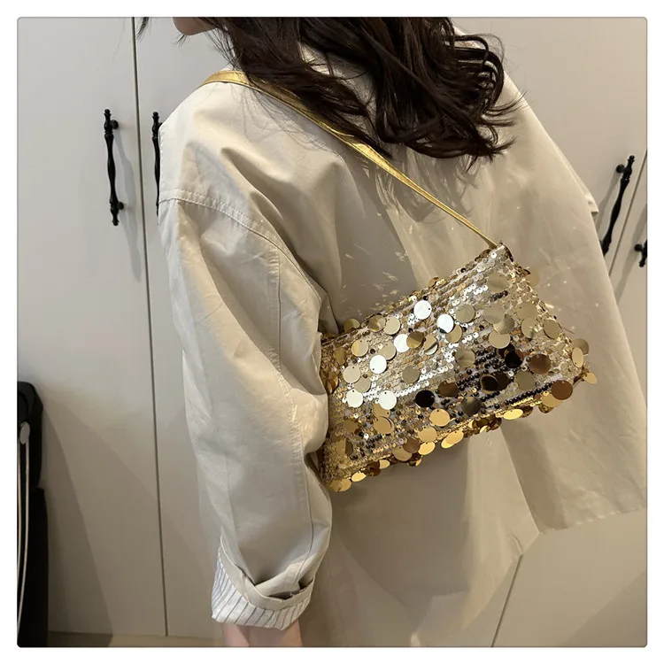 Neue Pailletten-Abendtasche, Schultertasche für Damen, leicht, tragbar, Damen-Umhängetasche mit Riemen, einfarbig, modische Handtasche für Frauen. – Detail 15