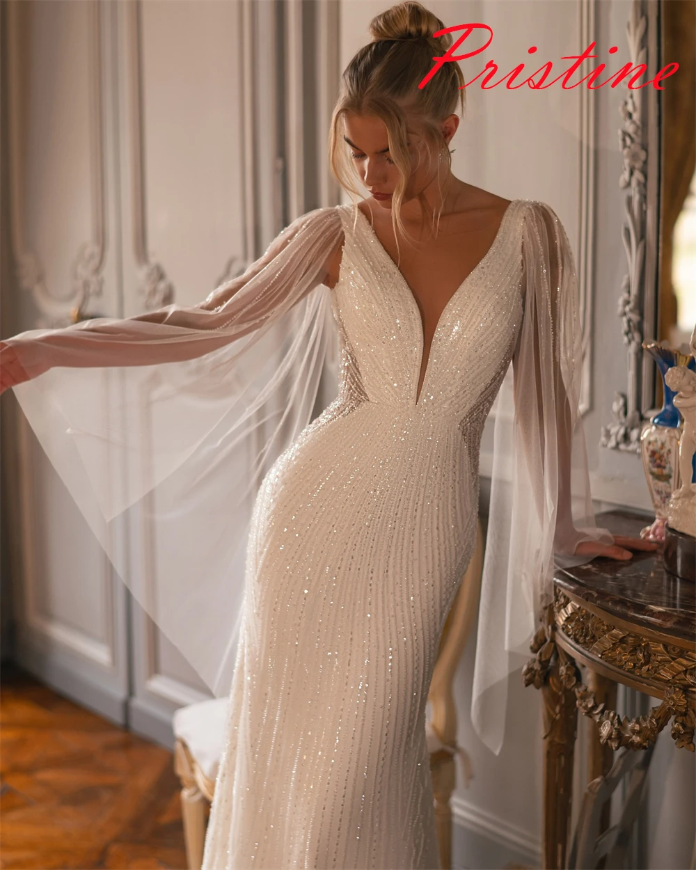 Vestidos de novia de Organza blancos personalizados, temperamento, cuello en V, cinta, manga casquillo, vestidos de novia, tren capilla, vestido con cremallera en la espalda