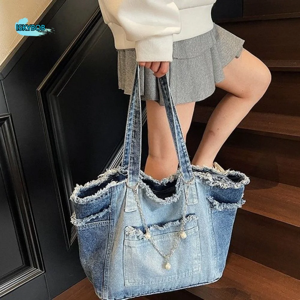

Cute Korean Style Denim Shoulder Bag Simple Retro Underarm Packs PU Leather Solid Color Handbag Outdoor