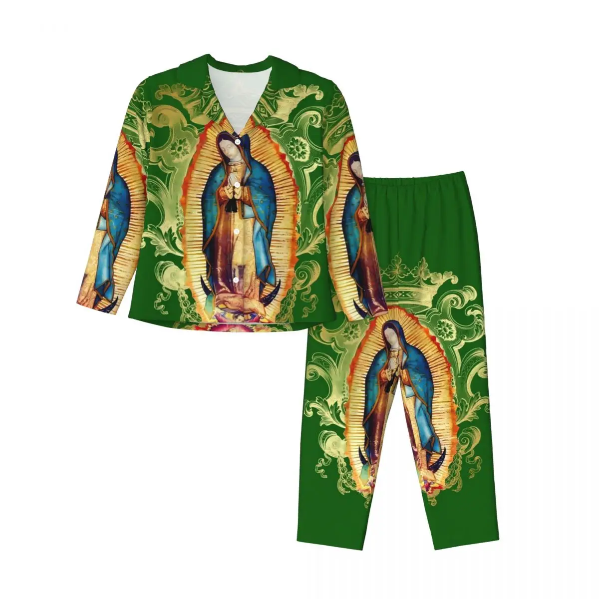 Virgin Mary Mexico Pajama Sets Autumn Our Lady of Guadalupe Cute Sleep Sleepwear Womens 2 Piece Vintage Oversized Nightwear