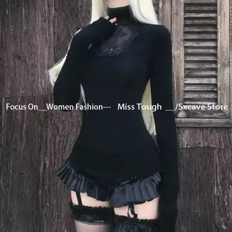 High Neck Black Gothic Tees Cross Hollow Slimming Bottom Knitted Shirt Women Halloween Long Sleeve Sexy Y2k T-shirt Women Tops image 4