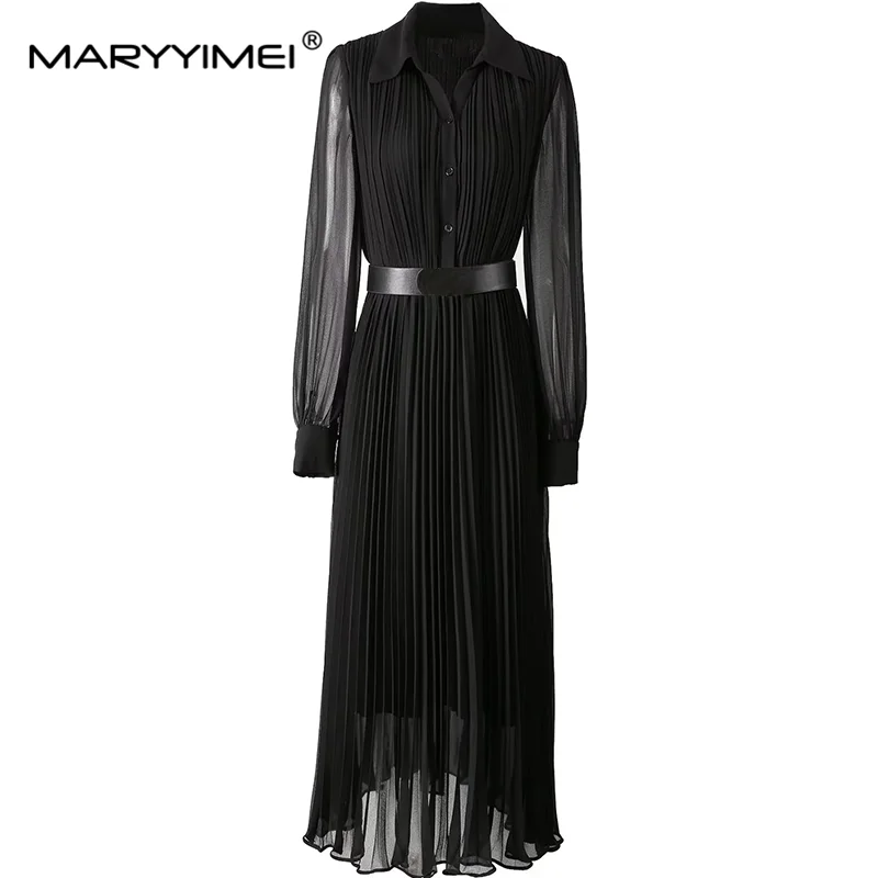 

MARYYIMEI Autumn Winter Women's Pleated Dress Lantern Sleeved Single-Breasted Lace-Up Turn-Down Collar Long Dresses