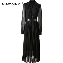 MARYYIMEI Autumn Winter Women's Pleated Dress Lantern Sleeved Single-Breasted Lace-Up Turn-Down Collar Long Dresses