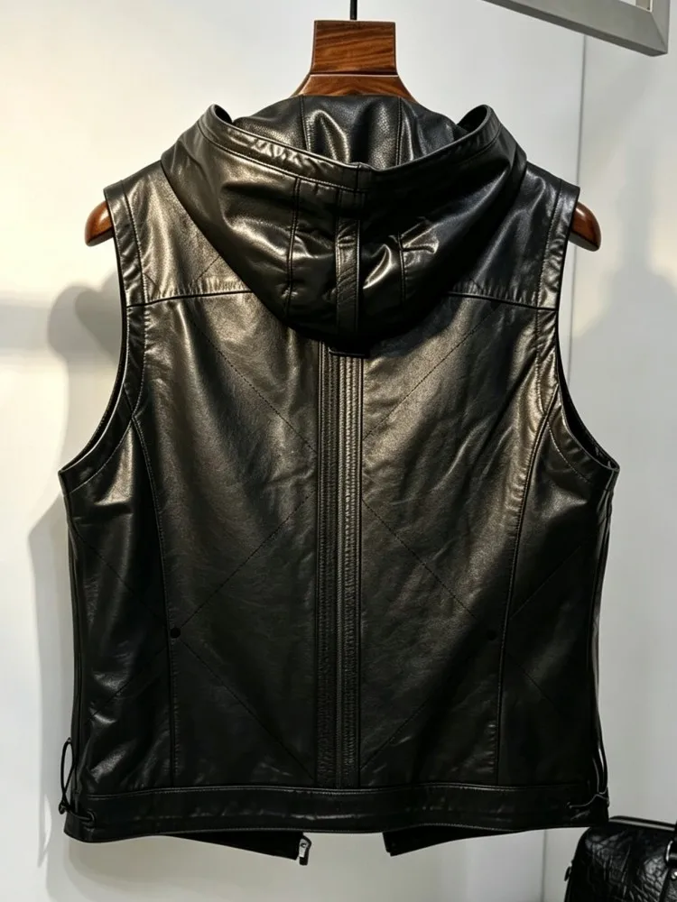 Leisure Solid Color Hooded Handmade Genuine Leather Vest Slim Zipper Pockets Cowhide Male Sleeveless Outerwear