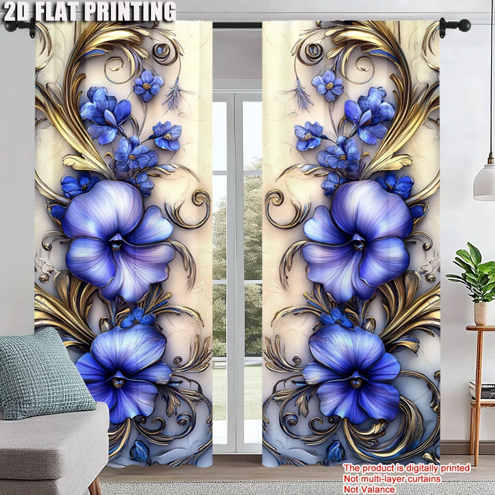 

2Pcs Stylish Flowers Printed Curtain Rod Pocket Fashion Window Treatment For Bedroom Office Kitchen Living Room And Study Home
