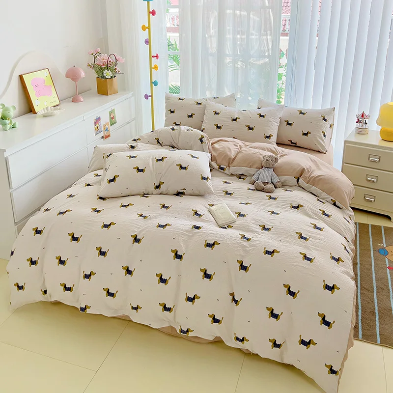 Cute Sausage Dog Duvet Cover Queen Gift for Dogs Lovers, Cartoon Puppy Dog Comforter Cover+Solid Color Flat Sheet+1/2 Pillowcase