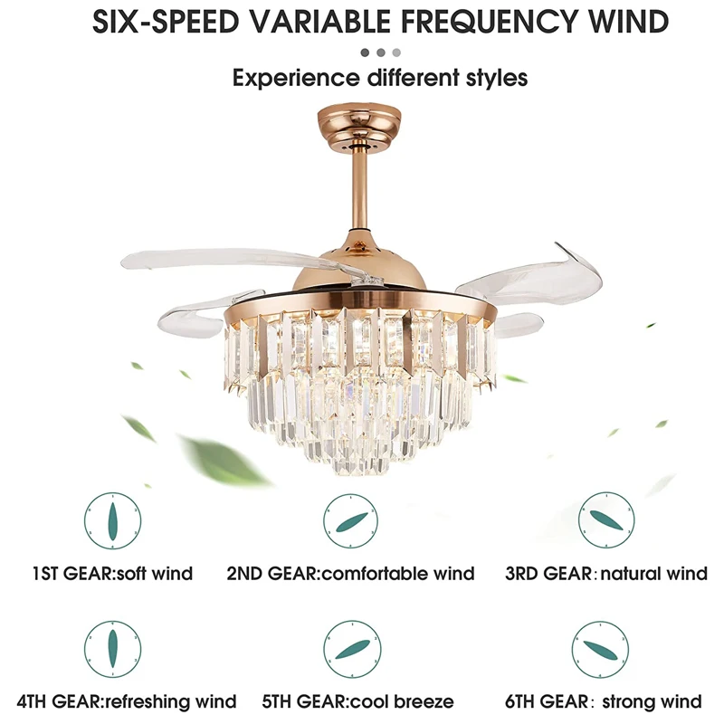 

Crystal Retractable Chandelier Ceiling Fan, 42” Invisible Blades Ceiling Fans with Lights Remote, Dimmable Crystal Fandelier