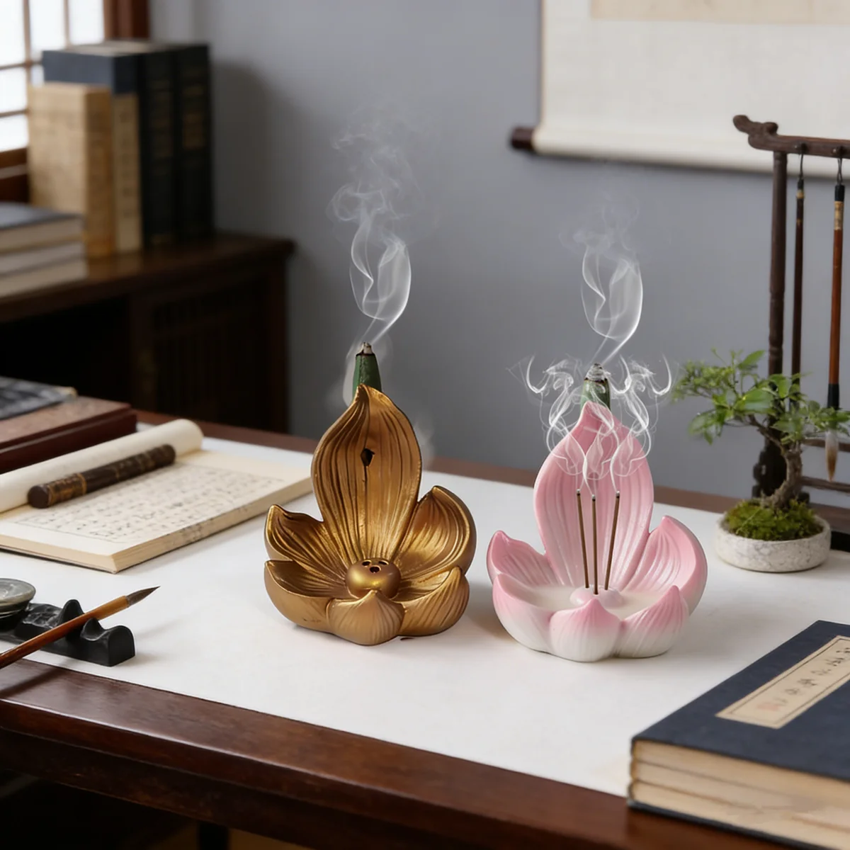Pink Lotus Backflow Incense Burner, Zen Meditation Aromatherapy Decor for Home Office, Relaxation Gift, Chinese Style Ceremony