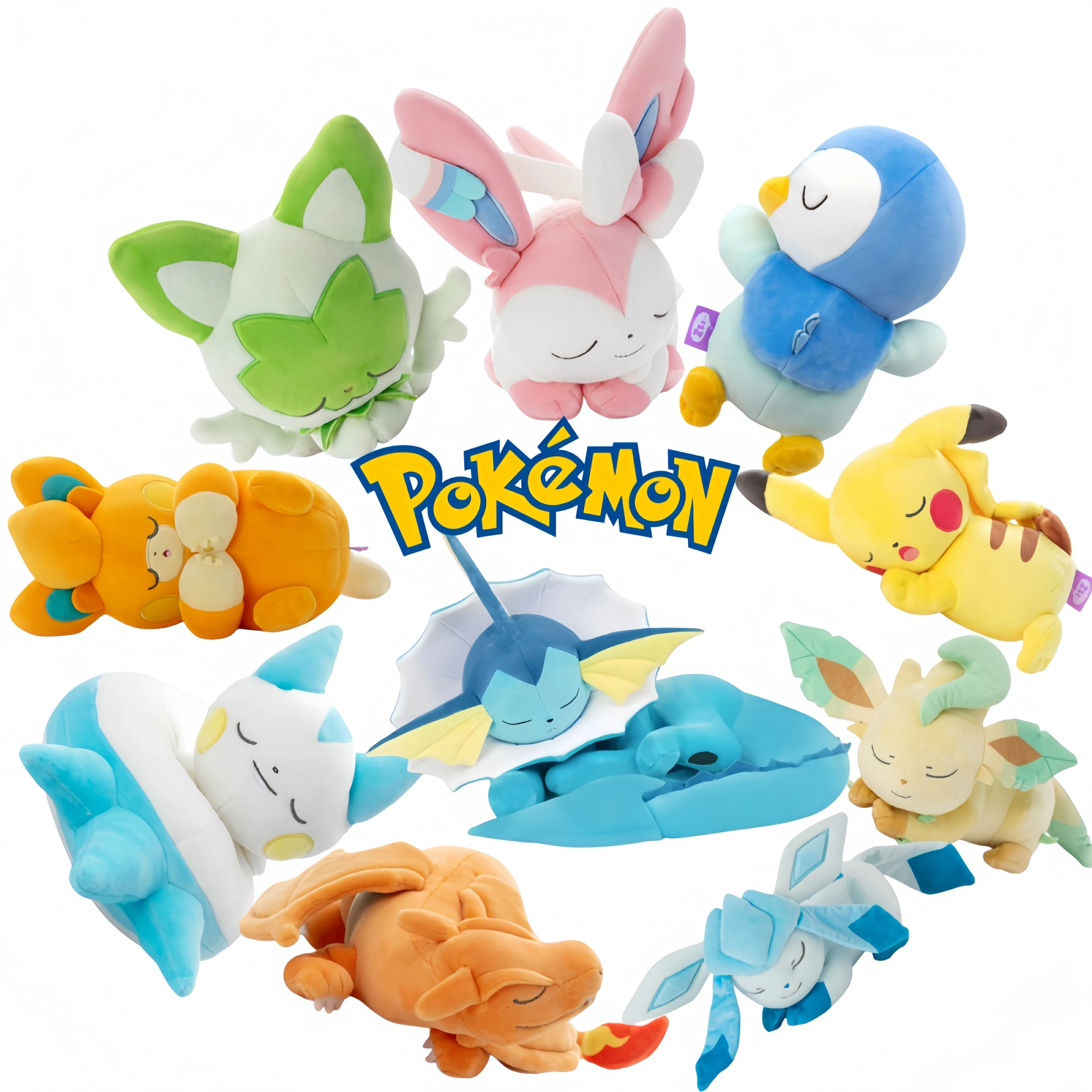 

Плюшевая игрушка Eevee Family: спящий Вапореон, Пикачу, Сильвеон, Пиплуп, Генгар, Чаризард, Спригатито (Покемон)