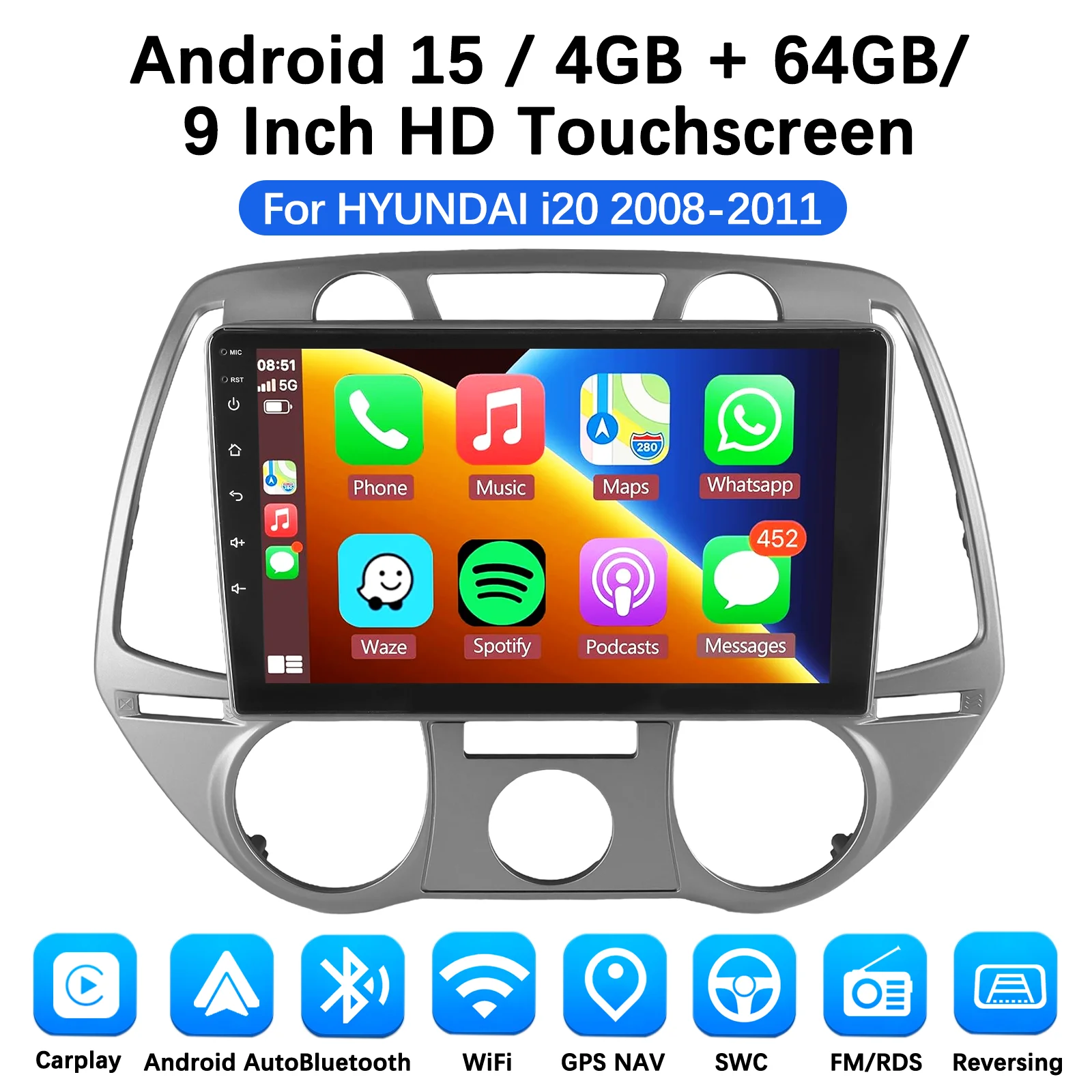 MOPECT Android Draadloze CarPlay Auto Autoradio voor Hyundai I20 2012-2014 Intelligent Systeem WIFI SWC RDS GPS FM/AM BT DAB+