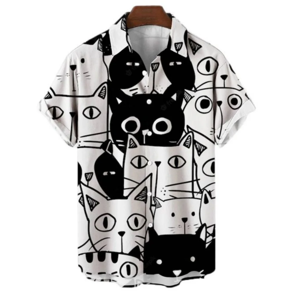 2023 3d Lapel Hawaiian Shirt Man Casual Short Sleeve Anime Shirts Cartoon Men\'s Shirt Summer Men Clothes Street Retro Animal Cat