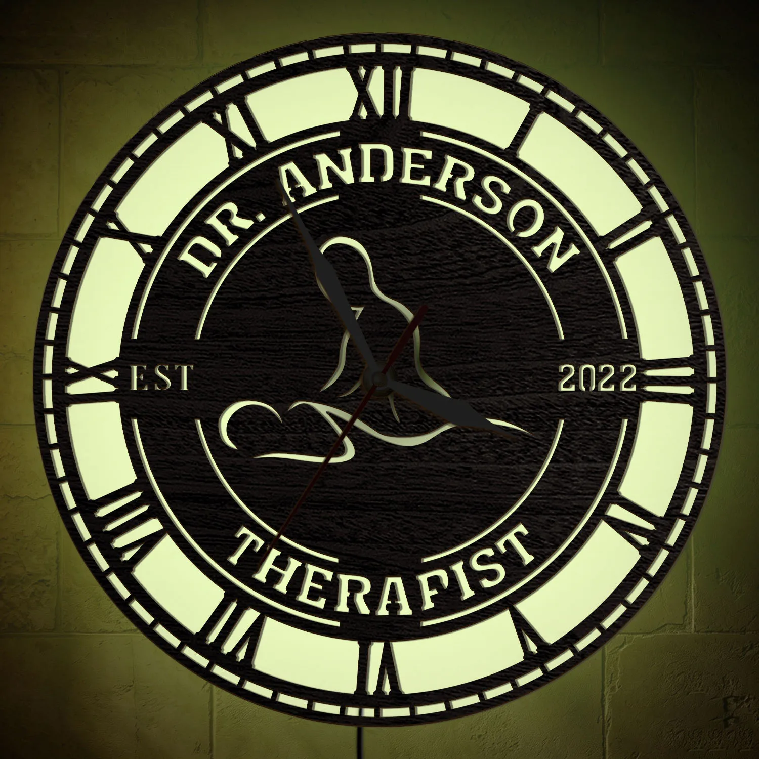 Personalized Therapist Name Wall Clock with RGB LED Backlight Multi Color Changing Light Up Wall Clock For Therapy Office Clinic