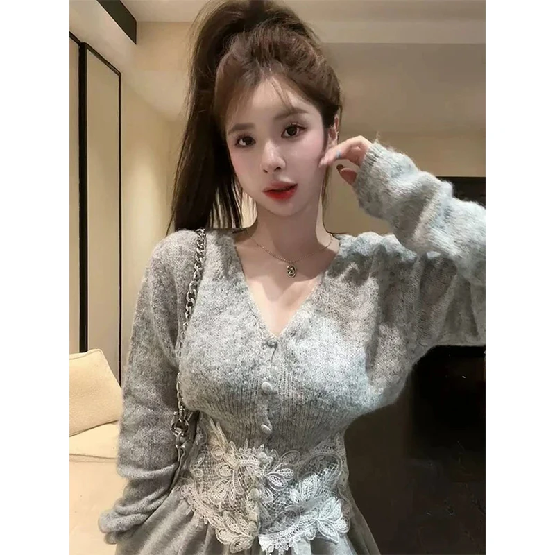 

Укороченный кружевной вязаный кардиган, женский элегантный свитер с v-образным вырезом, верхняя одежда, винтажный корейский трикотаж, зимние тонкие джемперы с длинными рукавами