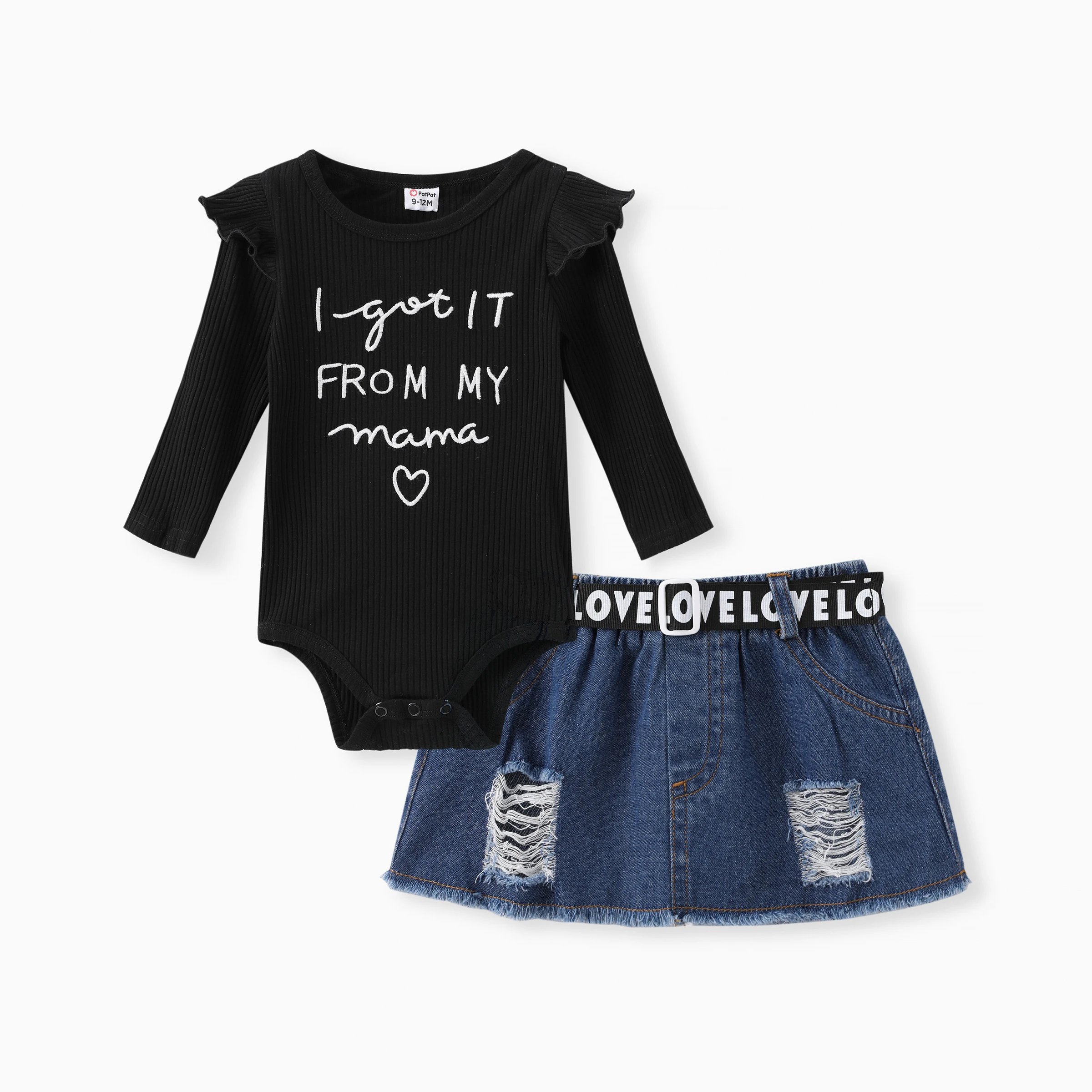 

PatPat Baby Girl 2pcs Letter Print Romper and Denim Skirt Set