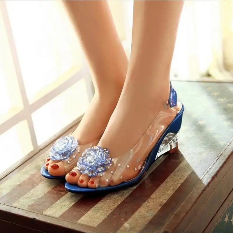 6.5CM Wedges Sandals Women Summer Sweet Flowers Transparent Open Toe Heels Sandals Fishmouth Red Sandals Plus Size49