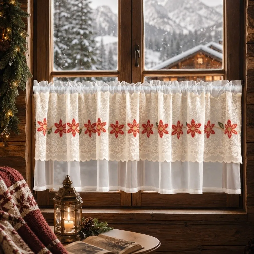 Home Decoration Sheer Voile Floral Lace Curtains Dust-Proof Lace Trim Cafe Curtains Light Blocking Short Curtains Restaurant