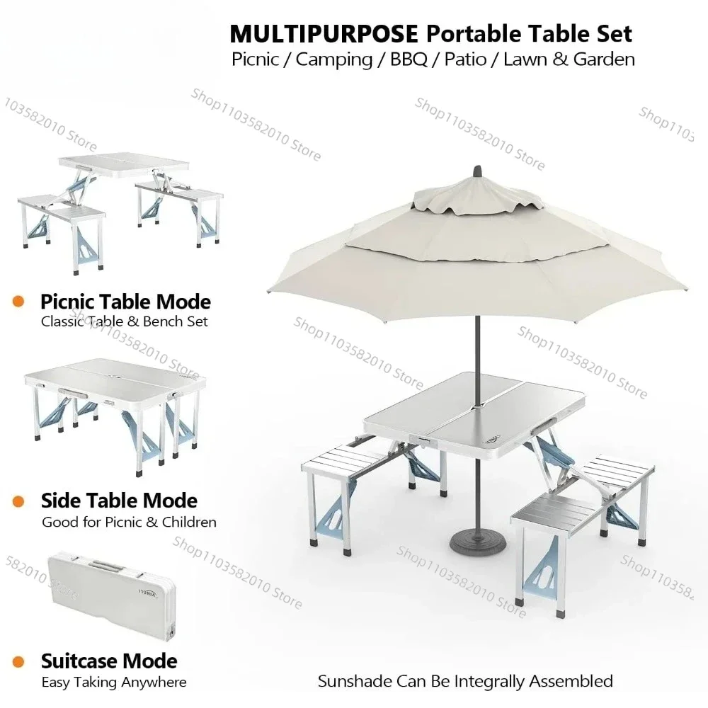 Hot sales Patio Table,   4Ft Folding Picnic Table with Seats/Umbrella, Fold Up Card Suitcase Table Aluminum Alloy Frame, Camping