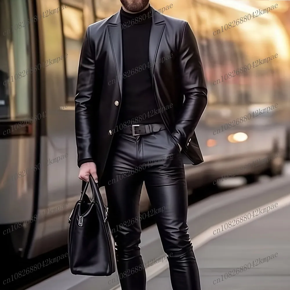 

New Black Leather Men Suit Formal Groom Groomsman Wedding Party Prom Male Business Tuxedos 2 Piece Set Blazer Pants