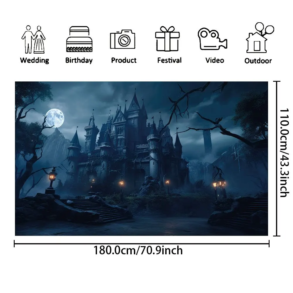 Halloween photography background banner, general purpose haunted castle night view, carnival themed multifunctional decoration