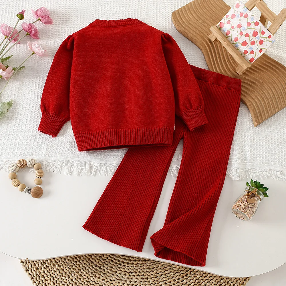 الفتيات البلوز دعوى الخريف الشتاء جديد طفلة ثلاثة فراشة قطعتين محبوك السراويل النسخة الكورية الحلو Tops90-130cm #3