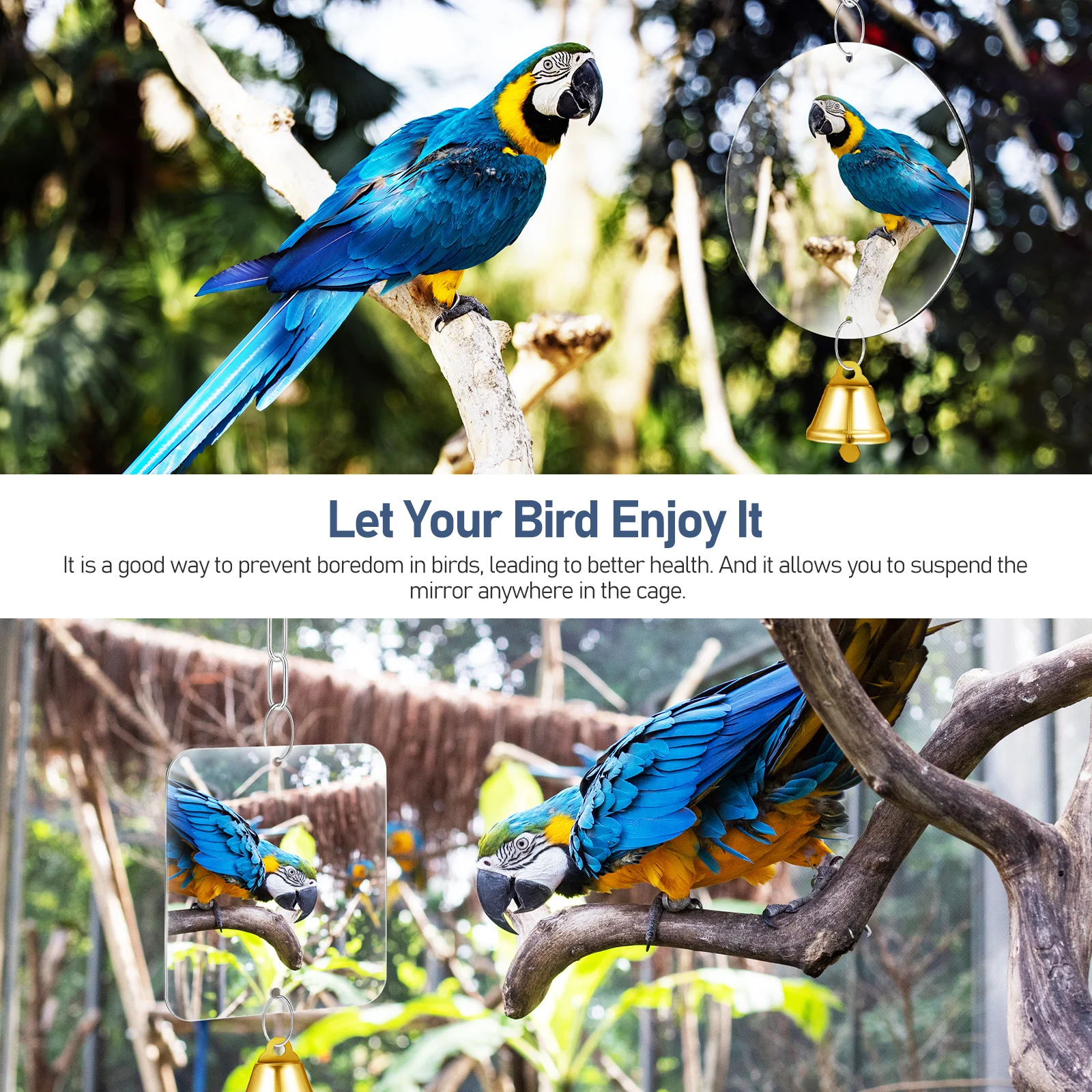 

2Pcs Bird Mirror with Bell Swing Hanging Parrot Cage Accessory for Parakeet Cockatiel Finch Canary Bird Mirror