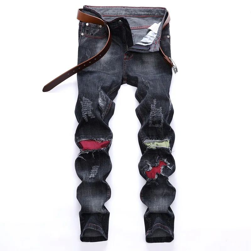 

Autumn Wnter Jeans Male European American Rip Cut Paste Cloth Trend Stretch Black Trousers Fashion Broken Hole Pants