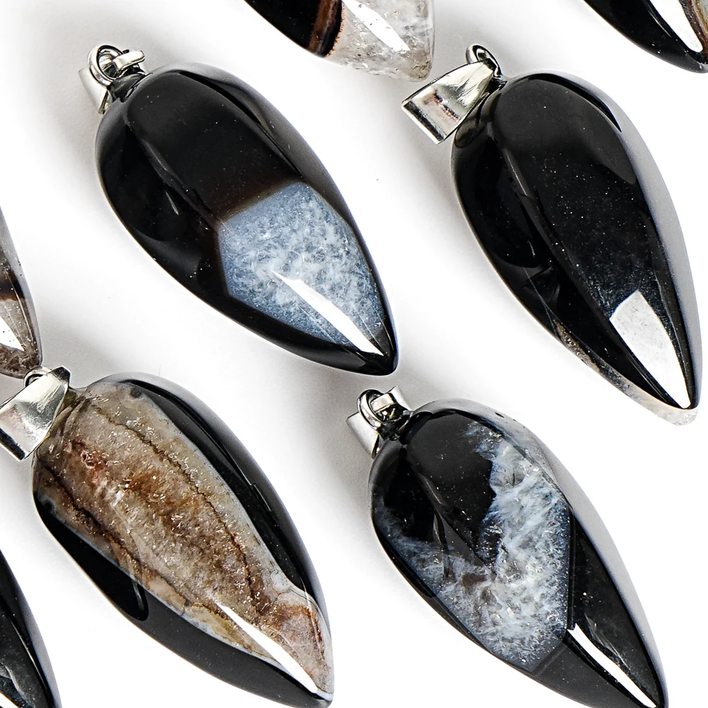 NATURAL BLACK AGATE CONE PENDANT 31X14MM GLOSSY GEMSTONE CHARM WITH METAL LOOP FOR HANDMADE NECKLACE DIY JEWELRY ACCESSORY CRAFT