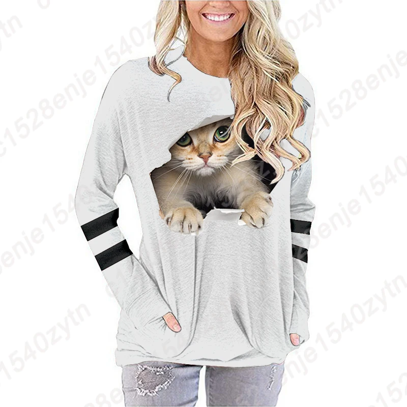 Fashion Clothes Women Casual Long Sleeve Pullover Cat Print Plus Size Sweatshirts Ladies Pocket Tee Shirts O-neck Loose T-shirts