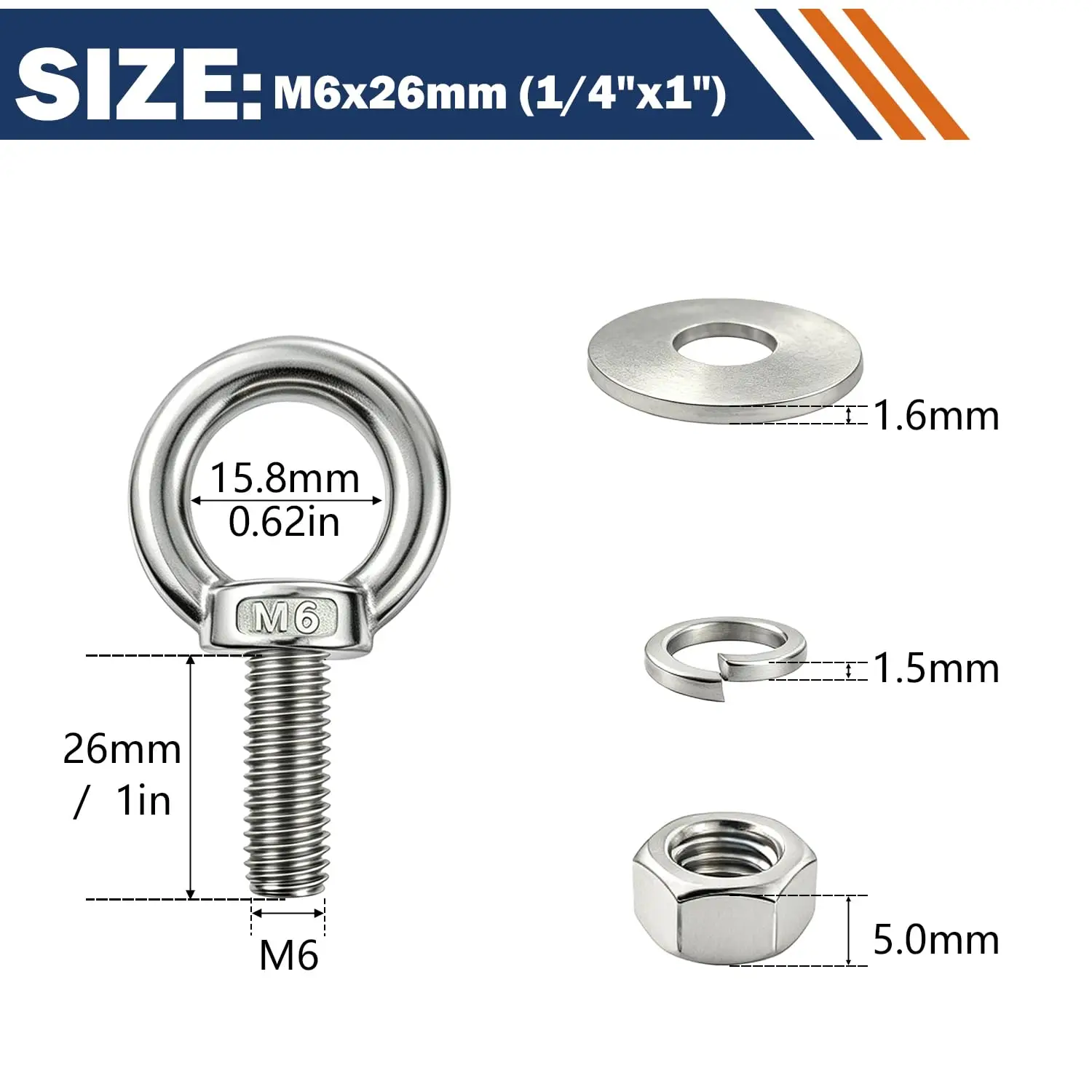 4 Pack M6 Stainless Steel Eye Bolts And Nuts Set Long Lifting Ring Heavy-Duty Outdoor Hang And Tie down Hardware