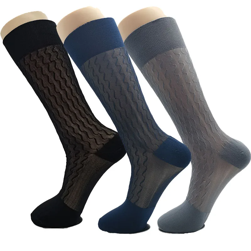 5 Pairs Luxury Socks Brand Large Retro Stockings Fashion Jacquard Wave Long Business Dress Sheer Silk Socks for Men High Quality