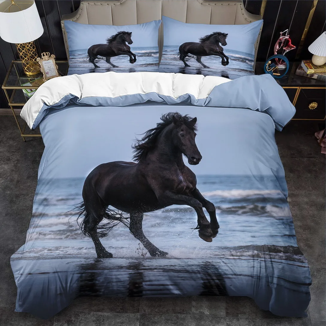 Galloping Horse Bedding Set 3D Wild Animal Horse Duvet Cover Twin Queen King Western Farmhouse Theme Cowboys Comforter Cover